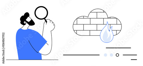 Man examining security details with a magnifying glass in front of a cloud firewall icon. Ideal for cybersecurity, data protection, IT security, cloud computing, network safety, technology services