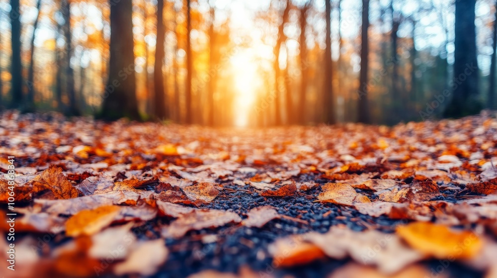 Autumn Path at Sunset: A picturesque autumn scene, showcasing a path strewn with fallen leaves, bathed in the warm glow of the setting sun. Autumn Path at Sunset: A picturesque autumn scene, showcasing a path strewn with fallen leaves, bathed in the warm glow of the setting sun.