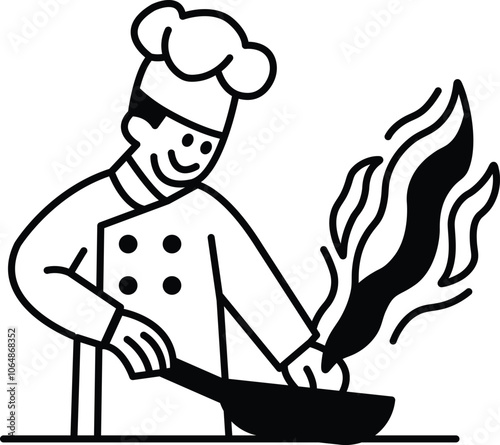A chef is cooking food in a pan with flames