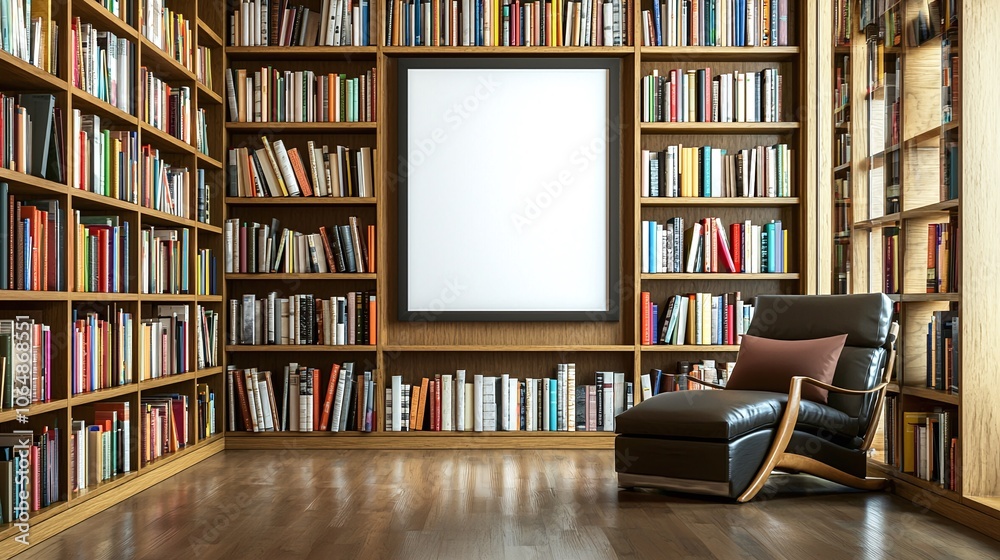 Cozy reading nook with a blank frame on a taupe wall, surrounded by bookshelves and a comfy armchair.