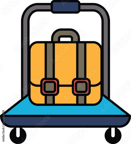 A luggage cart with a yellow suitcase on it