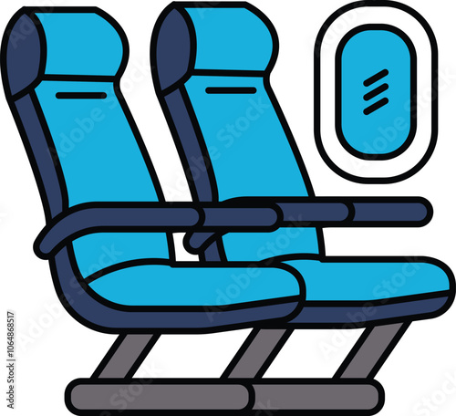 A cartoon drawing of two blue airplane seats with a window in the middle