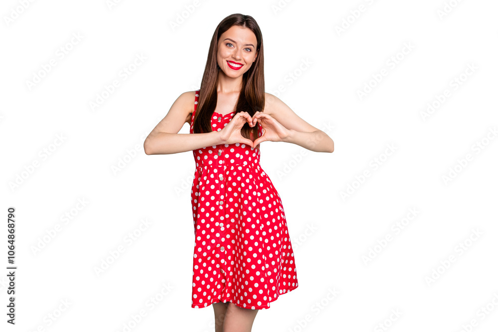 Portrait of charming millennial showing her feelings care making heart with fingers wearing polka dot skirt dress isolated over teal turquoise background Portrait of charming millennial showing her feelings care making heart with fingers wearing polka dot skirt dress isolated over teal turquoise background