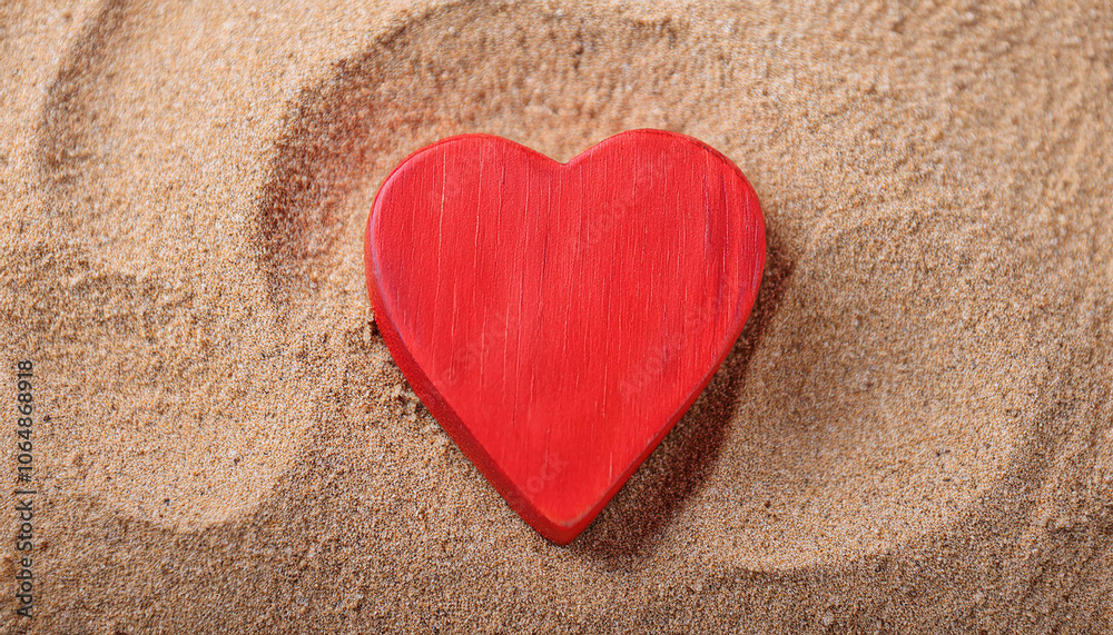 Handmade wooden heart on sand surface. Handmade wooden heart on sand surface.