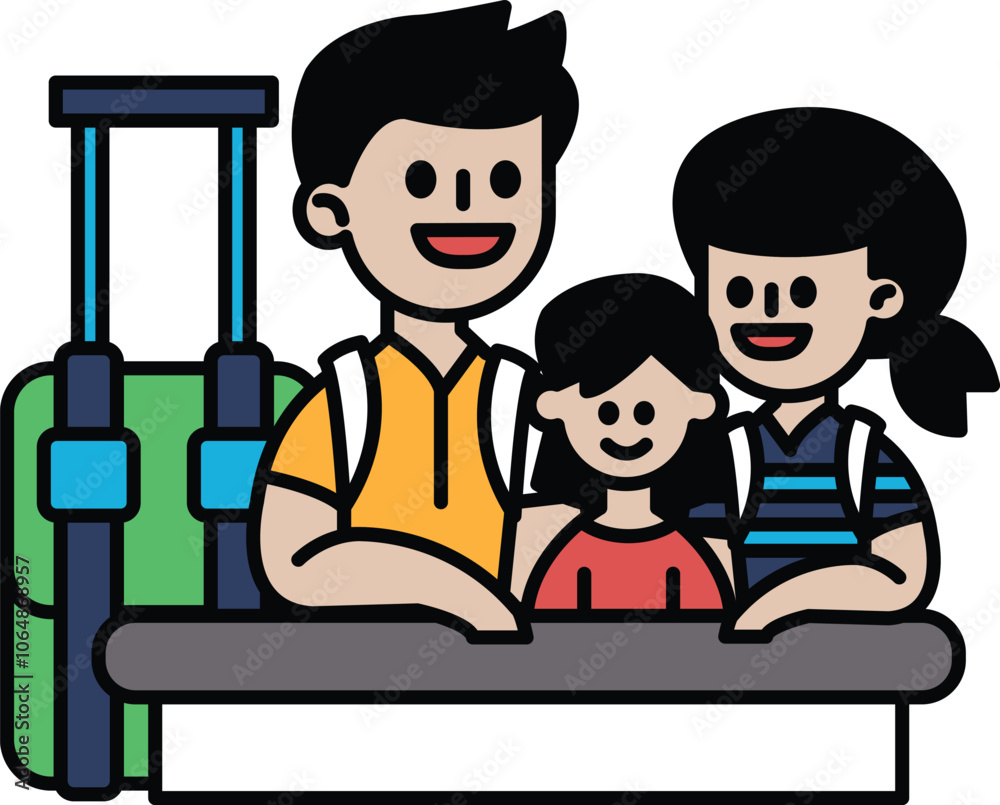 A family of three is sitting at a counter with luggage A family of three is sitting at a counter with luggage
