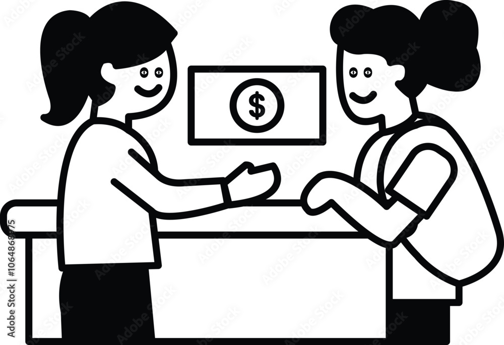 Two women are exchanging money at a counter Two women are exchanging money at a counter