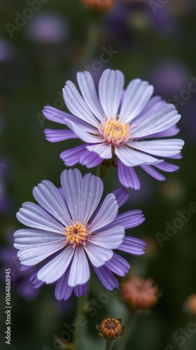 Two purple flowers with yellow centers bloom in a garden