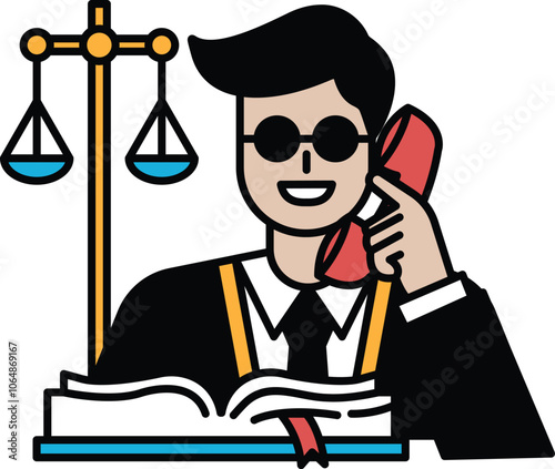 A lawyer in a suit is on the phone while sitting in front of a book