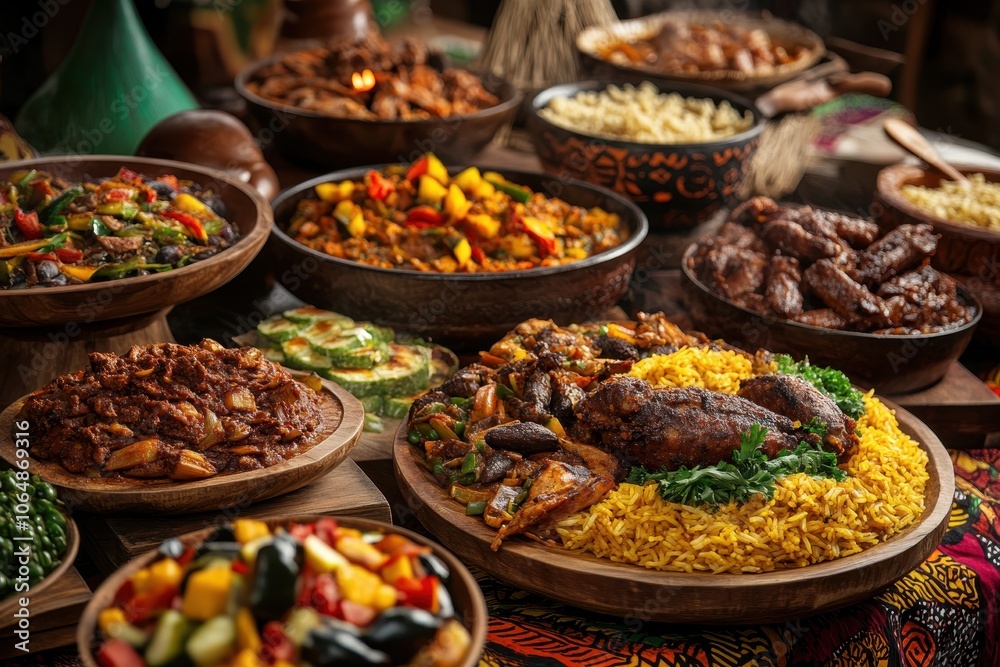 Kwanzaa Feast: A lavishly prepared feast with an array of traditional African dishes, set against a backdrop of African fabric and patterns. The food is displayed on wooden platters and includes dishe