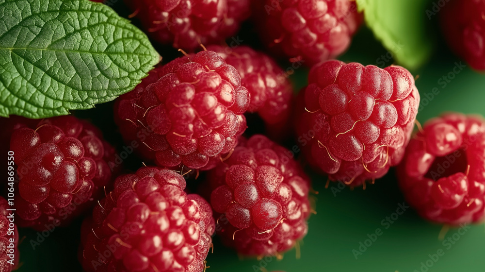 Close-up of ripe red raspberries with fresh green leaves on a dark green background, showcasing the fruit's texture and vibrant color. Close-up of ripe red raspberries with fresh green leaves on a dark green background, showcasing the fruit's texture and vibrant color.