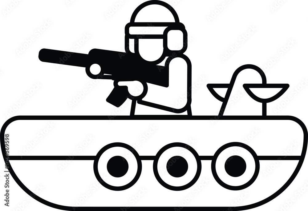 Naklejka premium A Soldier in a uniform is holding a gun and standing on a boat