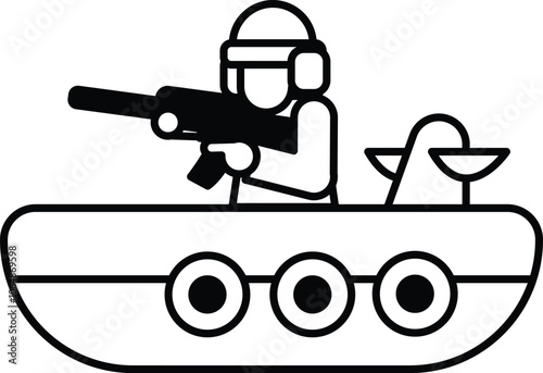 A Soldier in a uniform is holding a gun and standing on a boat