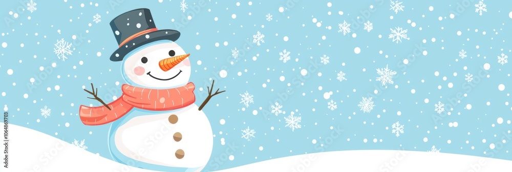 A snowman with a red scarf and a black hat stands in the snow A snowman with a red scarf and a black hat stands in the snow