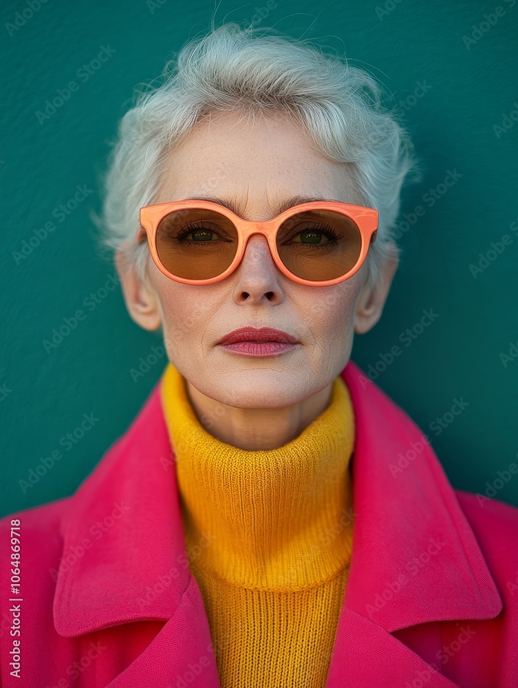 A sophisticated woman with silver hair wears coral sunglasses, a bright pink coat, and a yellow turtleneck, standing against a teal background, creating a vibrant and contrasting color ensemble. A sophisticated woman with silver hair wears coral sunglasses, a bright pink coat, and a yellow turtleneck, standing against a teal background, creating a vibrant and contrasting color ensemble.