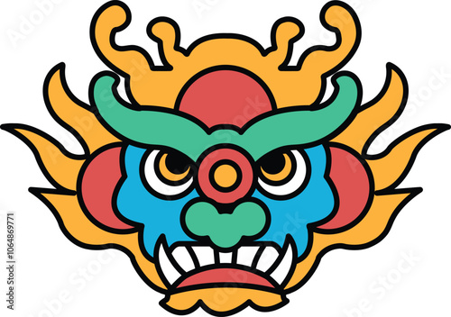 A colorful dragon face with red, blue, and green colors