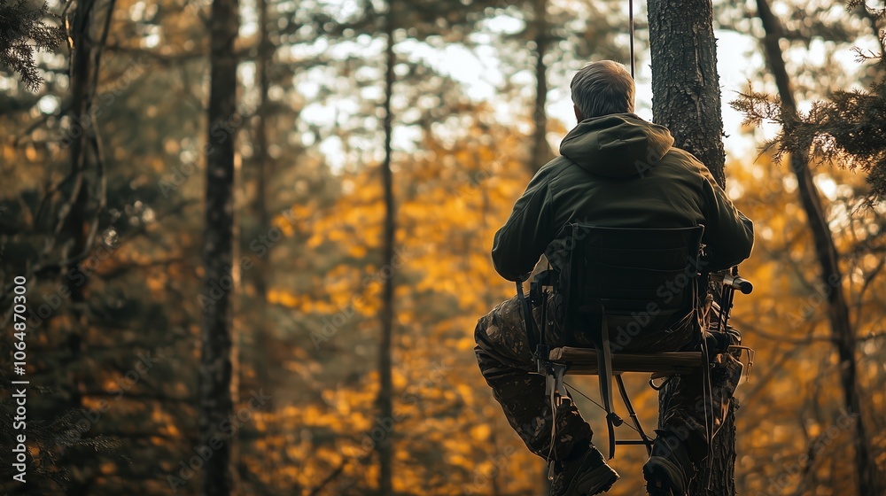 A hunter quietly observes wildlife from a tree stand in a serene forest during autumn in the late afternoon A hunter quietly observes wildlife from a tree stand in a serene forest during autumn in the late afternoon