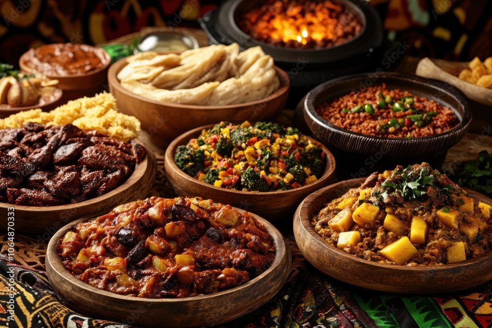 Kwanzaa Feast: A lavishly prepared feast with an array of traditional African dishes, set against a backdrop of African fabric and patterns. The food is displayed on wooden platters and includes dishe Kwanzaa Feast: A lavishly prepared feast with an array of traditional African dishes, set against a backdrop of African fabric and patterns. The food is displayed on wooden platters and includes dishe