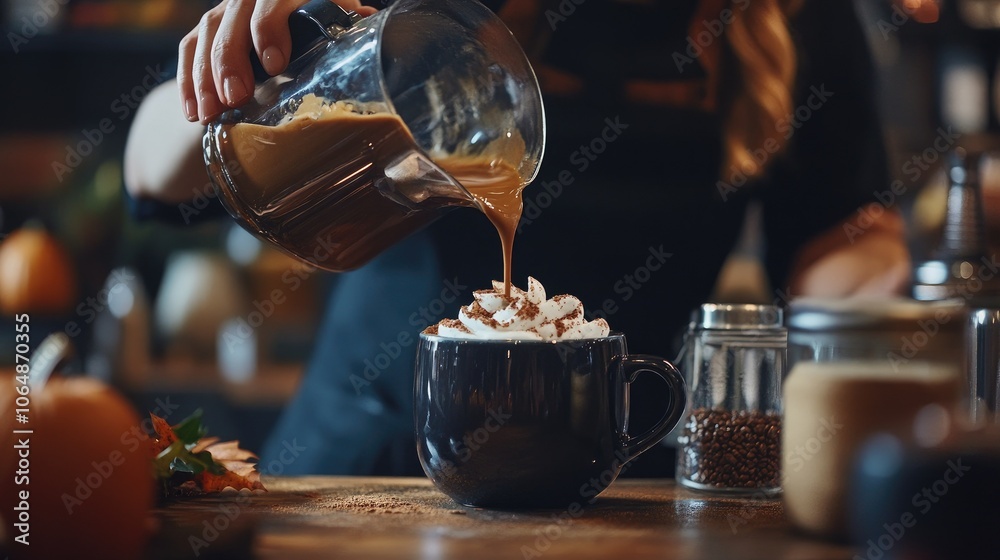 A barista pouring a pumpkin spice latte into a stylish mug, surrounded by seasonal decorations and ingredients. A barista pouring a pumpkin spice latte into a stylish mug, surrounded by seasonal decorations and ingredients.