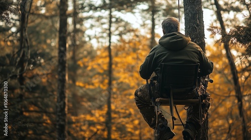 A hunter quietly observes wildlife from a tree stand in a serene forest during autumn in the late afternoon photo