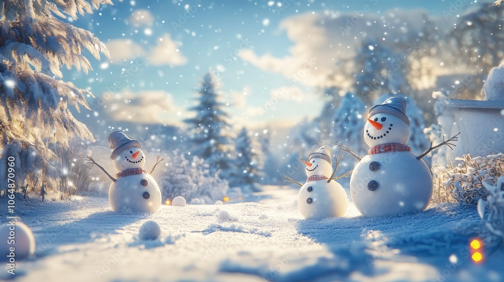 Fototapeta premium A charming snowy landscape featuring happy snowmen, inviting warmth and joy amid the cold winter backdrop.