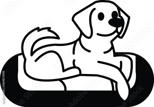 A cartoon dog is laying on a black and white bed