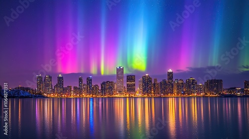 Cityscape Aurora Borealis Night Lights Skyline Reflection photo