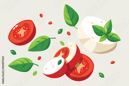 Falling Slices of Mozzarella, Fresh Tomatoes, and Basil Leaves Isolated on White Background.