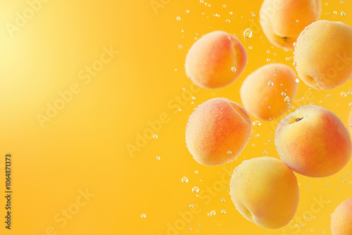 Juicy peaches on a vibrant yellow background with refreshing water droplets. Natural sweetness and splashes.Perfect for food advertisements, healthy lifestyle campaigns, and summer promotions. photo