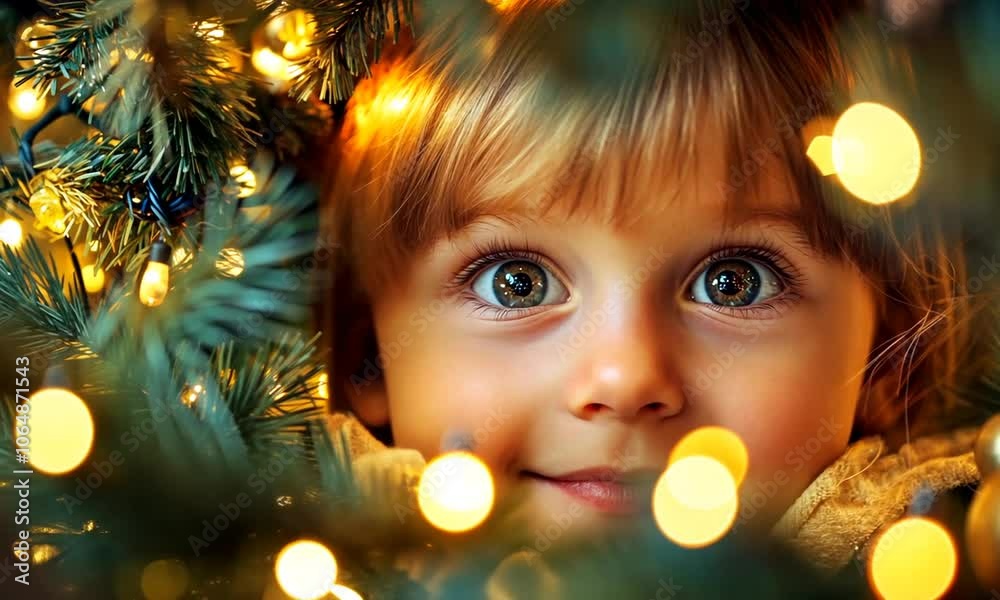 A child's face peeks through a Christmas tree adorned with glowing lights. A child's face peeks through a Christmas tree adorned with glowing lights.