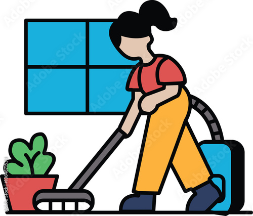 A woman is cleaning a room with a vacuum cleaner