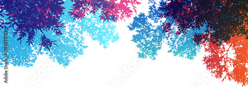 Rainbow tree crowns. Colorful silhouettes of tree branches in overlay style. Vector frame with copy space. Top border.