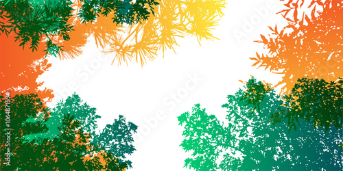 Rainbow tree crowns. Colorful silhouettes of tree branches in overlay style. Frame with copy space.