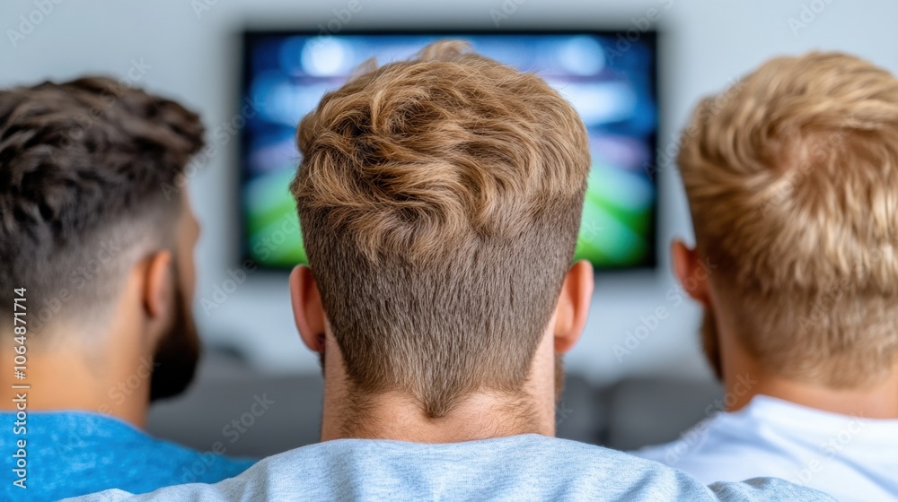 Three friends watching a sports game on TV, focused and engaged, AI Three friends watching a sports game on TV, focused and engaged, AI