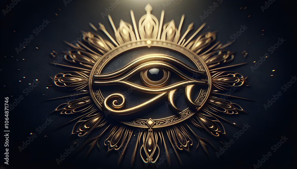 Intricate golden Eye of Horus symbol surrounded by ornate decorations representing protection and wisdom Intricate golden Eye of Horus symbol surrounded by ornate decorations representing protection and wisdom
