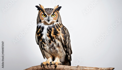 A great horned owl (bubo virginianus) on clean grey background. Suitable for marketing or business purposes. Panoramic banner with place for text photo