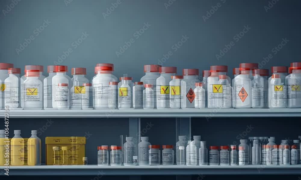 A collection of labeled containers and vials on shelves, suggesting a laboratory or pharmaceutical setting. A collection of labeled containers and vials on shelves, suggesting a laboratory or pharmaceutical setting.