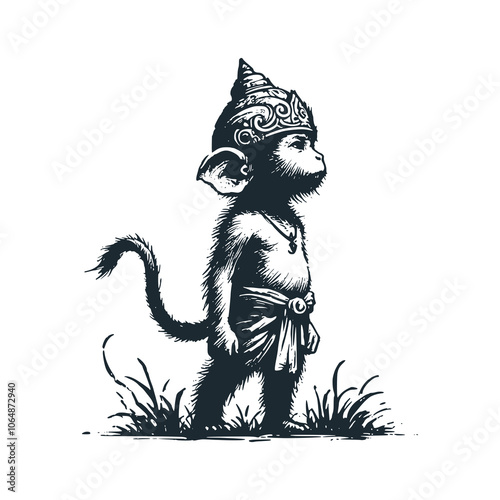 Crown of monkeys in pants. Black white vector illustration.