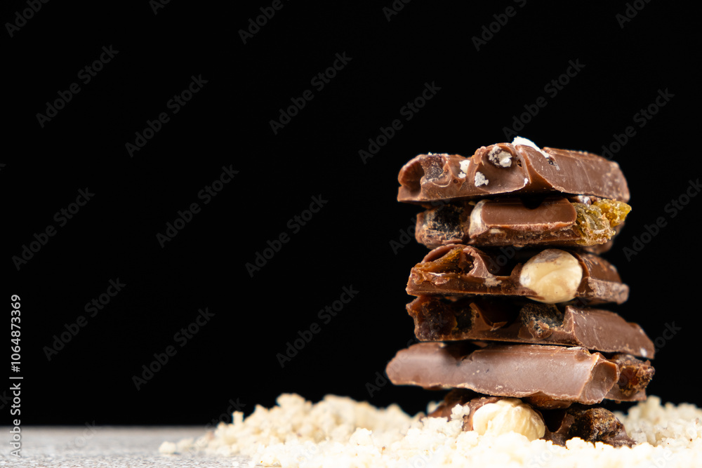 Pieces of milk nut chocolate on a black background place for text Pieces of milk nut chocolate on a black background place for text