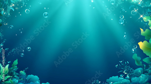Underwater scene with bubbles and aquatic plants, vibrant turquoise hues. photo