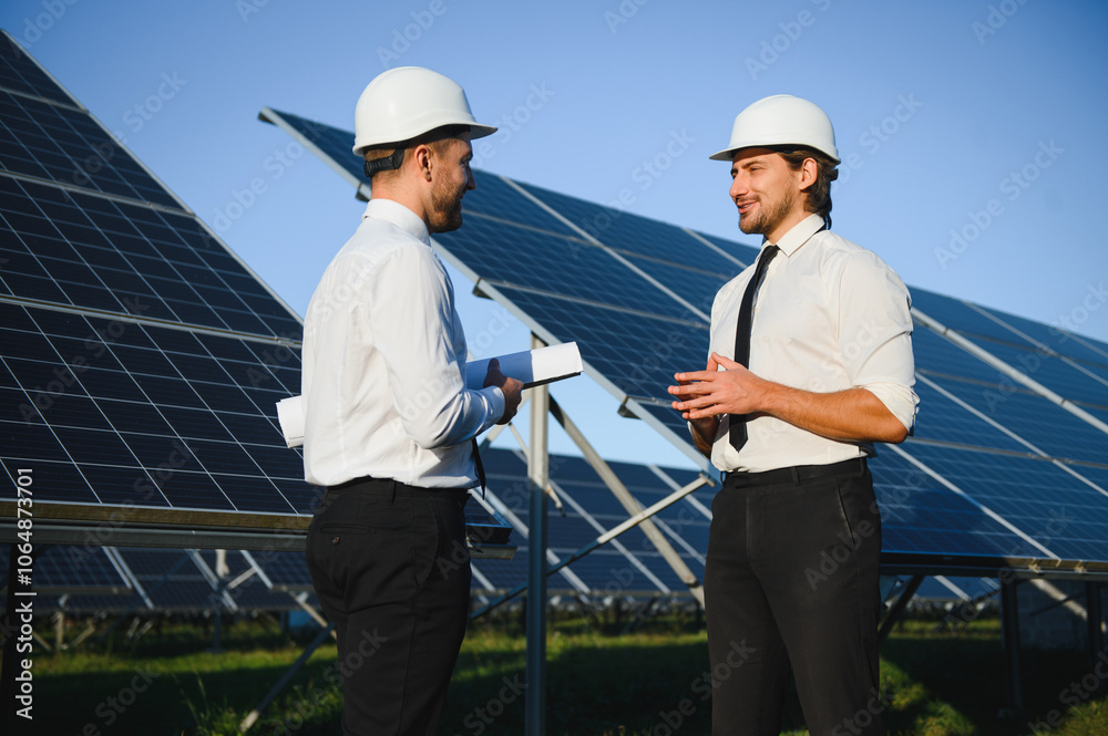 The solar farm, solar panel with two engineers walk to check the operation of the system, Alternative energy to conserve the world's energy, Photovoltaic module idea for clean energy production The solar farm, solar panel with two engineers walk to check the operation of the system, Alternative energy to conserve the world's energy, Photovoltaic module idea for clean energy production