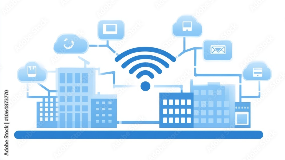 Naklejka premium City interconnection, Internet connection over city, Internet icon over city