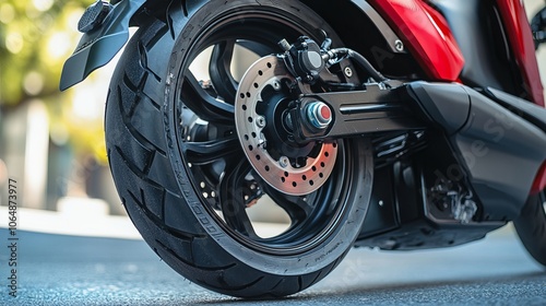The scooter's rear wheel features both a disc brake and a foot brake, providing enhanced stopping power and control. 