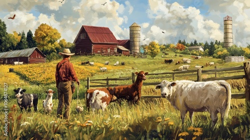 Farmers caring for farm animals to ensure their health and productivity. Illustrations