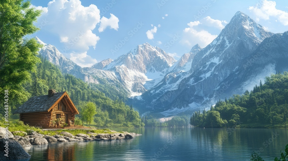 A picturesque wooden cabin resting peacefully by a serene lake, with majestic mountains in the background and lush greenery all around.