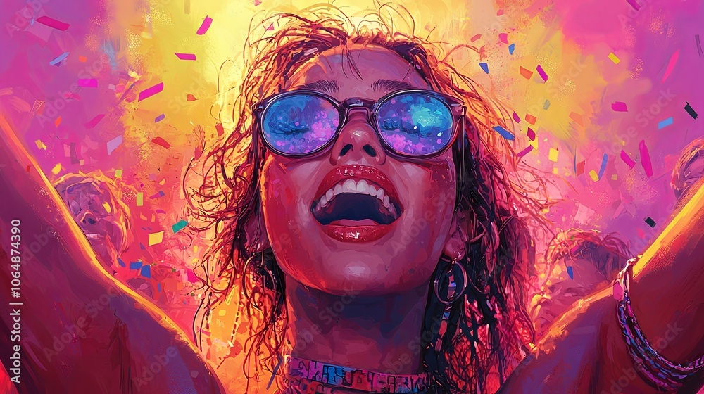 A vibrant festival scene with a woman enjoying music, surrounded by colorful lights and flying confetti, symbolizing joy and celebration. A vibrant festival scene with a woman enjoying music, surrounded by colorful lights and flying confetti, symbolizing joy and celebration.