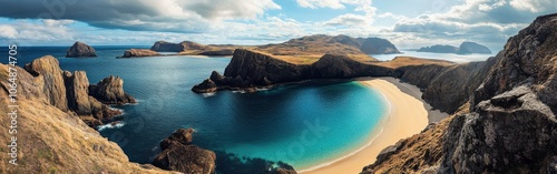 Scenic coastal view showcasing pristine beach and rocky cliffs in a serene landscape under a cloudy sky during daylight photo