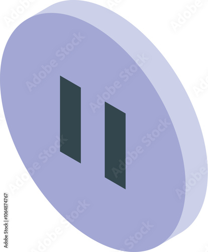 Round purple pause button with two vertical rectangles representing a temporary stop in an isometric perspective