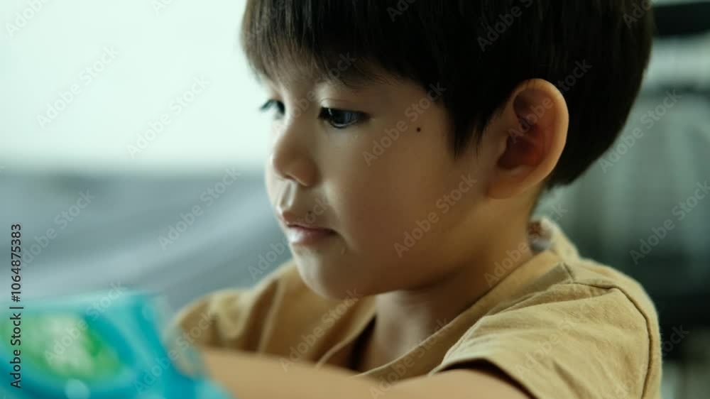 An Asian boy is watching something with interest while eating some snacks. An Asian boy is watching something with interest while eating some snacks.