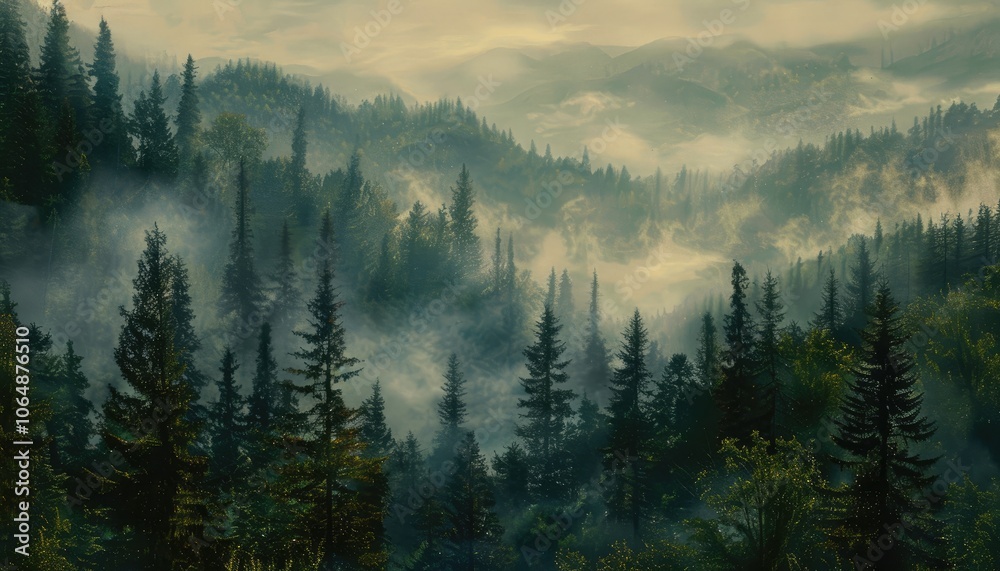 Misty Forest with Silhouetted Pine Trees and Foggy Mountain Range Misty Forest with Silhouetted Pine Trees and Foggy Mountain Range