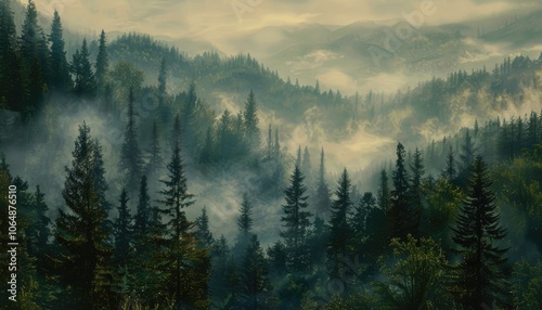 Misty Forest with Silhouetted Pine Trees and Foggy Mountain Range
